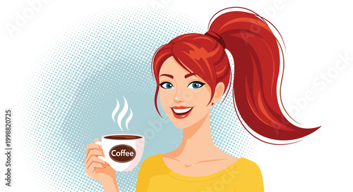 Beautiful smiling woman with vibrant red hair in a high ponytail holding a steaming white cup of hot coffee in her hand.