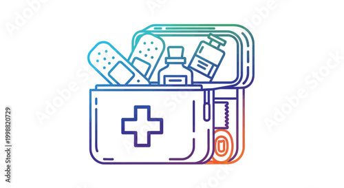 First Aid Kit Open with Bandages and Bottles, Medical Emergency Supplies, Health Care Concept