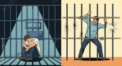 Two-part illustration of a man in prison showing him sitting sadly in his cell and desperately trying to break the steel bars.