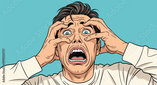 Terrified and shocked man in a white shirt with his hands to his head and his mouth wide open in a loud scream of extreme fear.