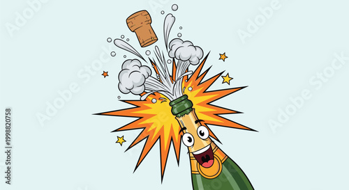 Pop champagne bottle mascot with a happy face celebrating an event with an explosion of bubbles and stars on a light blue background.