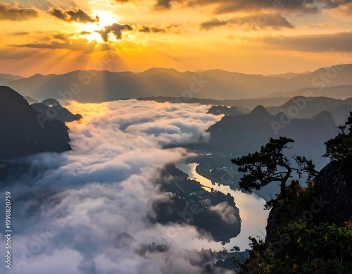 Peaceful mountain sunrise over cloud valley high resolution wallpaper