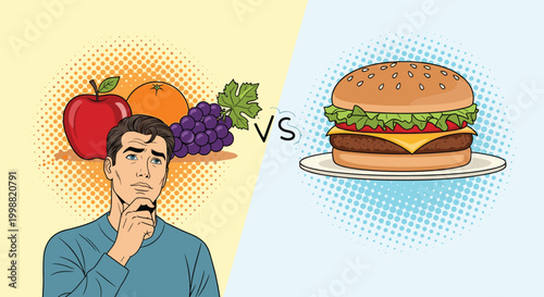 Thoughtful man in pop art style choosing between healthy fruits like apples and grapes versus a delicious but unhealthy cheeseburger.