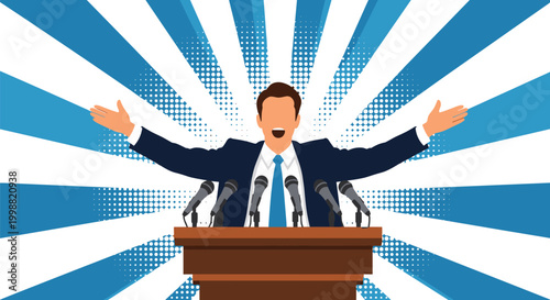 Confident businessman standing behind a podium with multiple microphones and his arms spread wide in a gesture of success and leadership.
