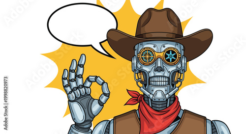 Futuristic robot cowboy character wearing a hat and bandana making an okay hand gesture with a blank speech bubble for custom messages.