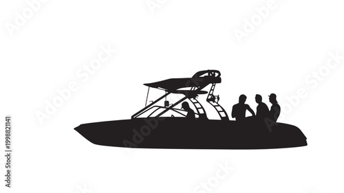 Speedboat silhouette with racing structure and crew figures on calm water for nautical transport concept