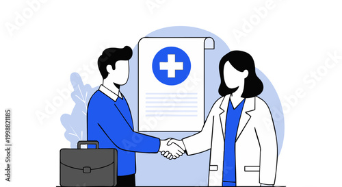 Healthcare professional and patient shaking hands, signifying agreement and medical consultation in a modern vector illustration.
