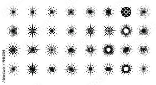 A collection of vector graphic illustrations featuring a variety of starburst and sparkle shapes with sharp pointed rays emanating from a central core, showcasing diverse designs for energetic or radi