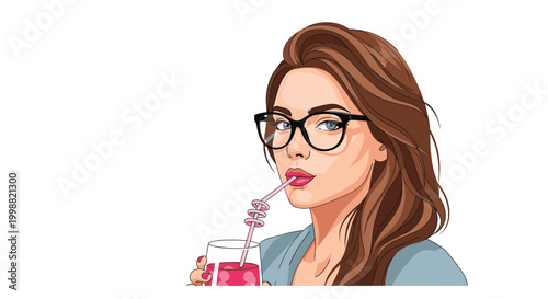 Beautiful woman with long brown hair wearing glasses and sipping a pink drink through a straw with a serious and focused expression.
