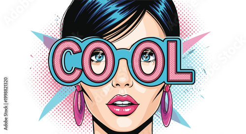 Fashionable woman wearing cool glasses with the word cool integrated into the frame and pink earrings against a colorful background.