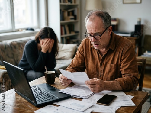 Middle aged Caucasian man holding tax document while sitting with worried middle aged Caucasian woman at table, both reviewing financial paperwork and