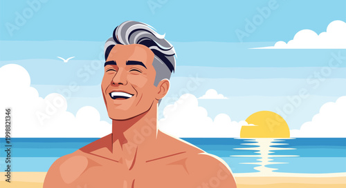 Smiling handsome man with gray hair standing shirtless on a beach at sunset with the ocean and clouds in the background scenery.