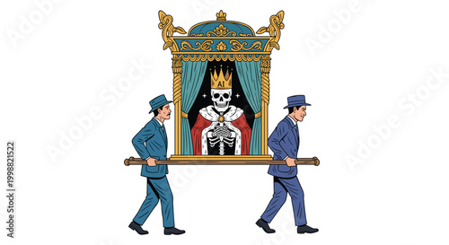 Two men in blue suits carrying a golden ornate palanquin which holds a skeleton wearing a crown and a royal robe with the letters AI.