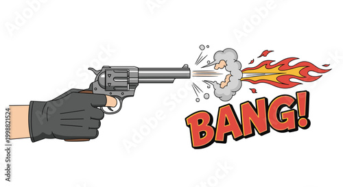Hand wearing a dark glove fires a vintage revolver with a large orange muzzle flash and stylized comic book sound effect text.
