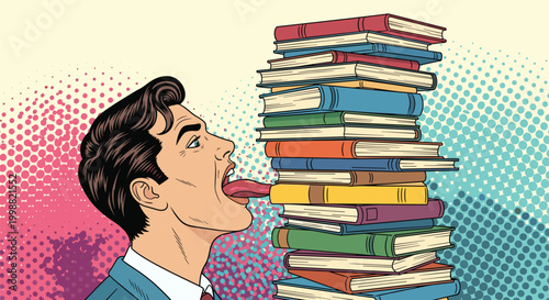 Profile of a man in a suit with his tongue sticking out to taste or touch a very tall stack of colorful hardcover books in pop art style.