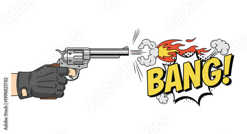Gloved hand shoots a classic revolver pistol with a bright yellow comic style bang sound effect and orange flames from the barrel.
