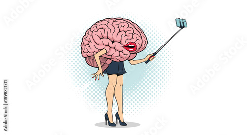 Surrealistic illustration of a large human brain with legs and red lips taking a selfie using a smartphone on a long stick.