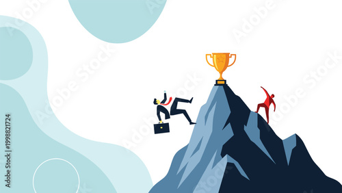 Businessman falling down side of mountain with golden trophy at peak representing business failure or loss of success.