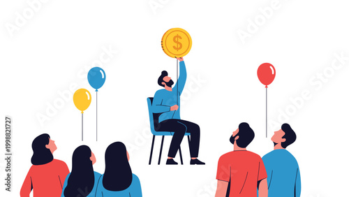 Leader holding rope of giant gold coin balloon while group of people look up symbolizing wealth aspiration and guidance.