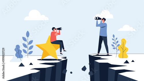 Two professionals on opposite sides of canyon using binoculars to look at each other representing business gap and research.