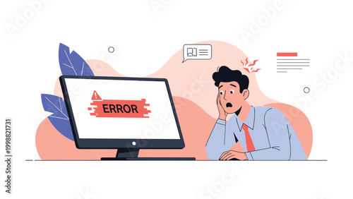 Worried businessman looking at red error message on computer screen in office environment representing technical problems.