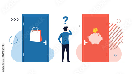 Undecided man standing between two doors with shopping bag and piggy bank icons representing choice between spending and saving.