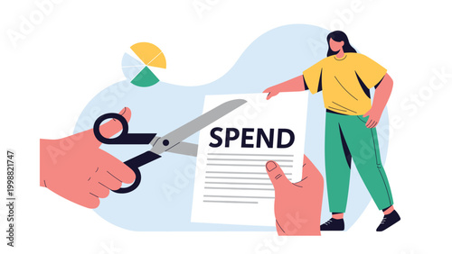 Large hand using scissors to cut through paper with word spend while woman looks on representing budget control and saving.