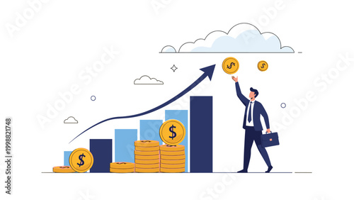 Businessman reaching up to catch gold coins falling from cloud next to rising bar graph representing financial windfall and growth.