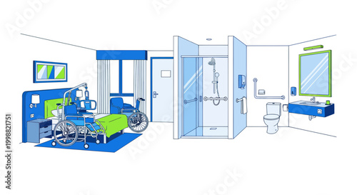 Accessible hospital room with specialized bed, lift, and wheelchair