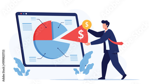 Male professional in a suit pulls a slice containing a dollar sign from a pie chart on a digital data screen.