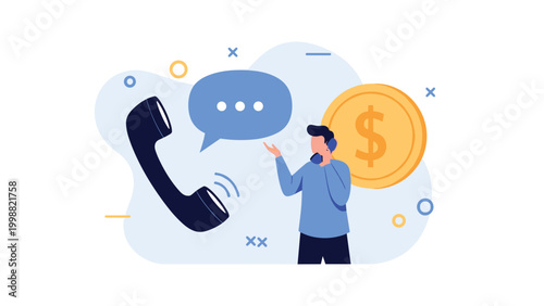 Young man discusses financial matters on the phone while standing next to a large gold coin and a blue speech bubble.