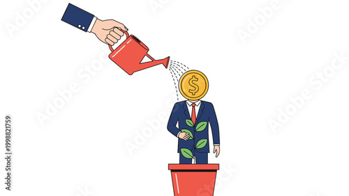 Giant hand with watering can watering businessman with gold coin head growing in flower pot representing investment growth.