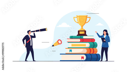 Business professionals look at a gold trophy sitting on top of a stack of books to represent educational achievement.