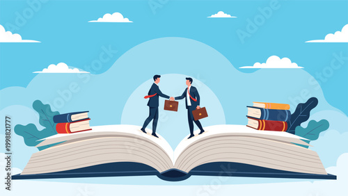 Two businessmen shake hands on top of a giant open book to represent a successful educational or business partnership.