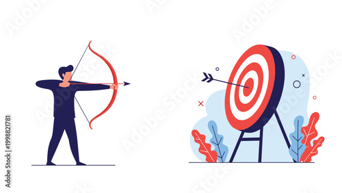 Focused man aims a bow and arrow at a large target on a stand for goal setting and precision business strategy.