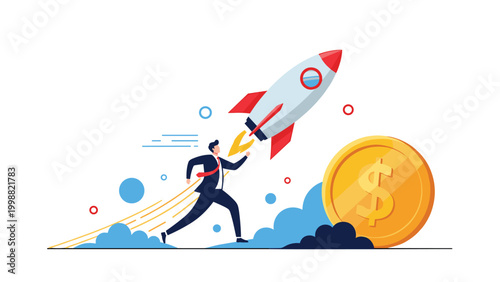 Businessman runs alongside a launching space rocket and a giant coin to symbolize fast startup growth and profit.