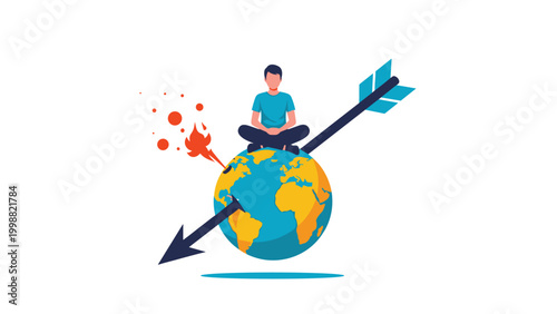 Peaceful man meditates on top of a globe with a large arrow through it to represent global balance and focus.