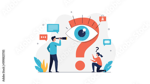 Professional researchers use a telescope and observations to analyze a giant eye and a question mark for insights.