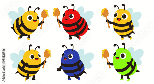 Cute Cartoon Bees Holding Honey Dippers - Set of 6