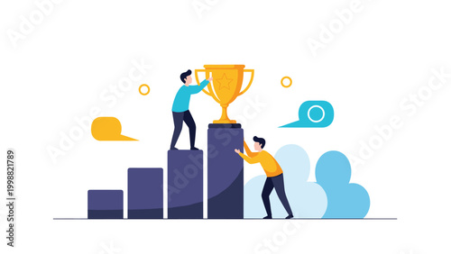 Two men work together to place a gold trophy on the highest bar of a progress chart to celebrate business growth.