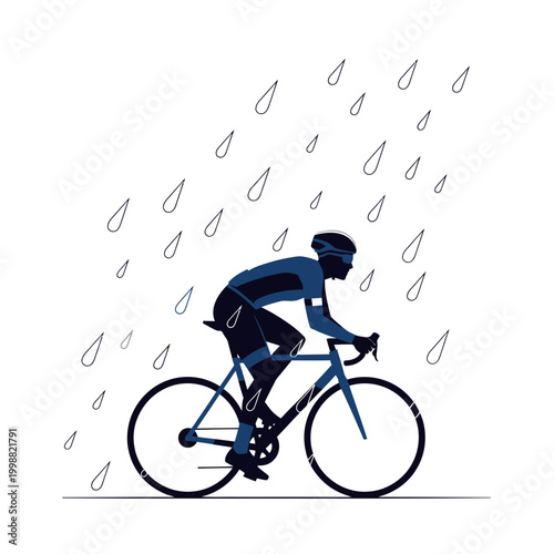 Cyclist riding bicycle in heavy rain, sport, endurance, challenging weather