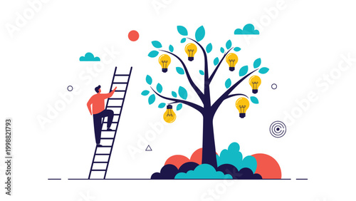 Man climbs a tall ladder to pick glowing lightbulb fruits from an idea tree for creative business innovation.