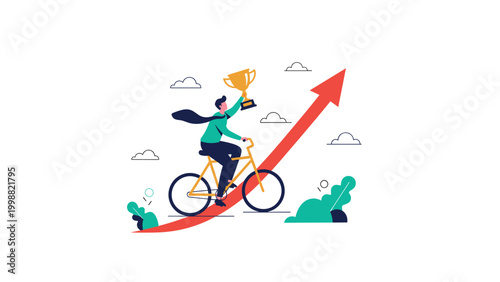 Man rides a bicycle up a red success arrow while holding a gold trophy to symbolize winning a business competition.