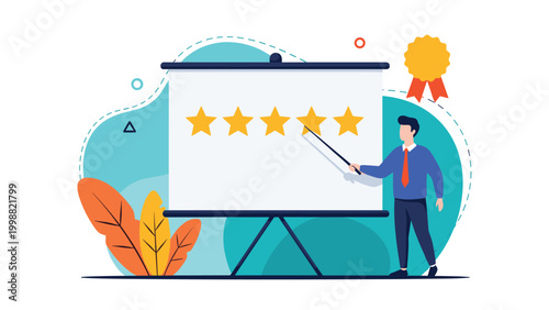 Male presenter points to a five-star rating on a presentation board to show high quality and customer satisfaction.