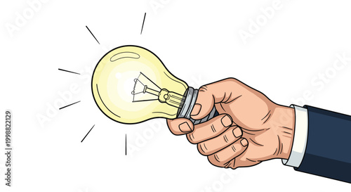 Hand in a business suit sleeve holding a glowing yellow lightbulb symbolizing a bright idea or creative inspiration.