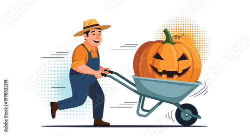 Happy farmer in overalls and a straw hat running while pushing a wheelbarrow carrying a huge scary halloween jack-o-lantern.
