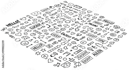 A whimsical and detailed black and white vector illustration graphic design featuring a chaotic yet charming collection of hand-drawn icons, symbols, and phrases like "Hello," "Lucky," and "Enjoy," cr
