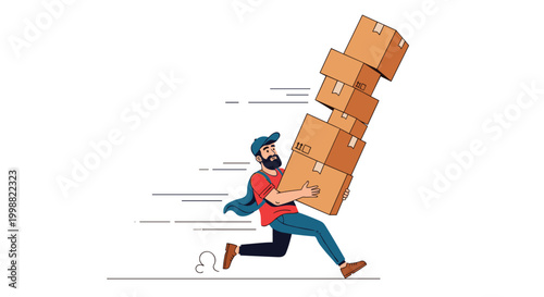 Bearded delivery man wearing a red t-shirt and blue cap running fast while carrying a very tall, unstable stack of cardboard boxes.