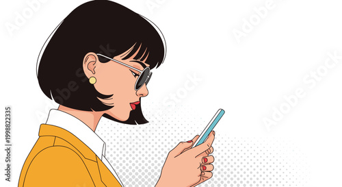 Profile view of a stylish woman with short dark hair and sunglasses looking down at her smartphone on a dotted background.