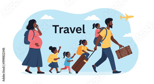 Diverse African American family including a pregnant mother, father, and four children walking with luggage to travel.